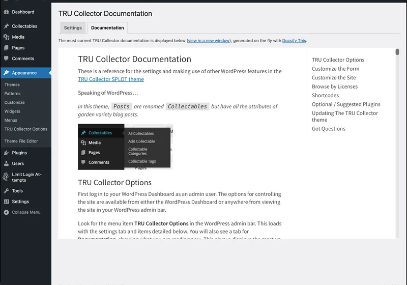 The same TRU Collector documentation, with an added table of contents, embedded directly in the WordPress theme admin panel