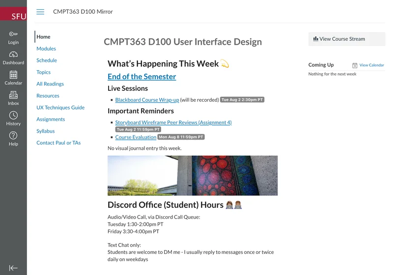 Screenshot of the SFU Canvas LMS CMPT-363 User Interface Design course home page