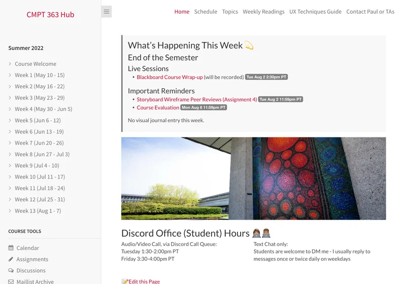 Screenshot of the CMPT-363 User Interface Design Course Hub built with Docsify, showing the same course content as a standalone site