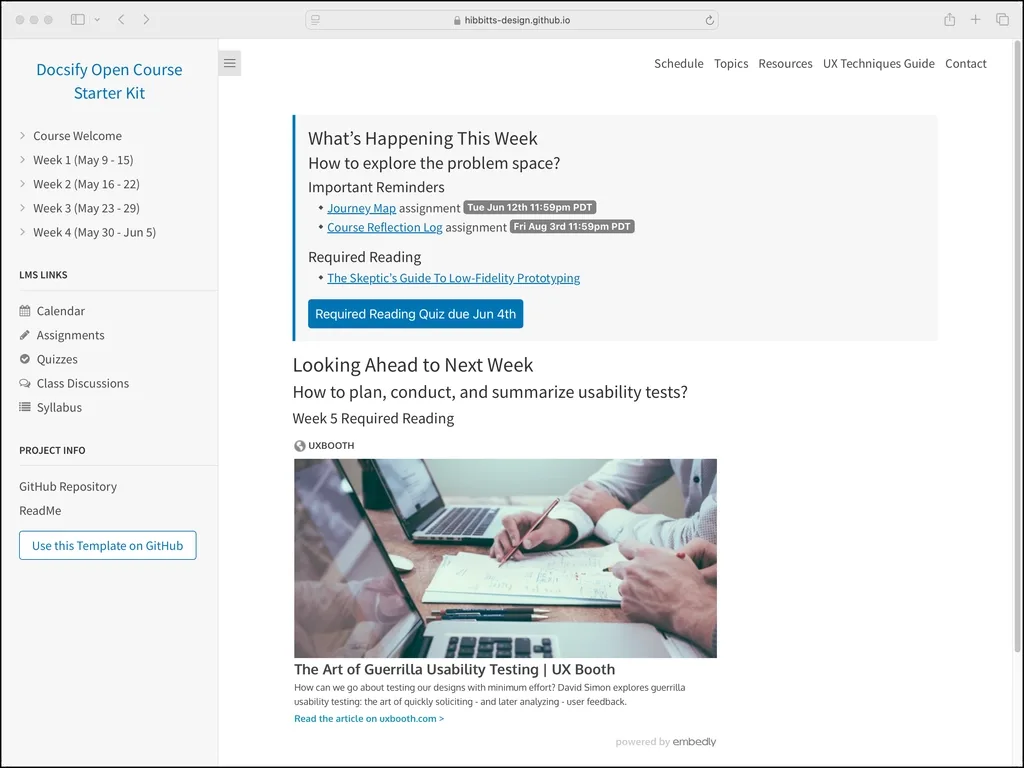 Docsify Open Course Starter Kit demo site, showing a sidebar with weekly course navigation next to a weekly overview page