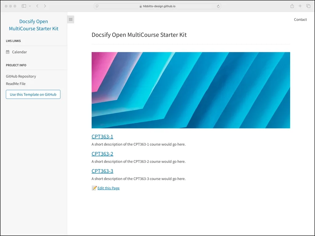 Docsify Open MultiCourse Starter Kit demo site, showing a course-selection layer with three example courses