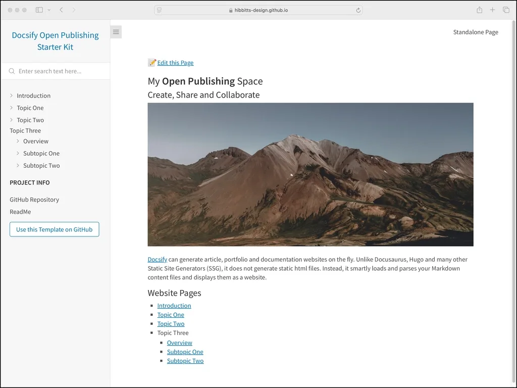 Docsify Open Publishing Starter Kit demo page, showing a hero photo above a list of website pages and topics