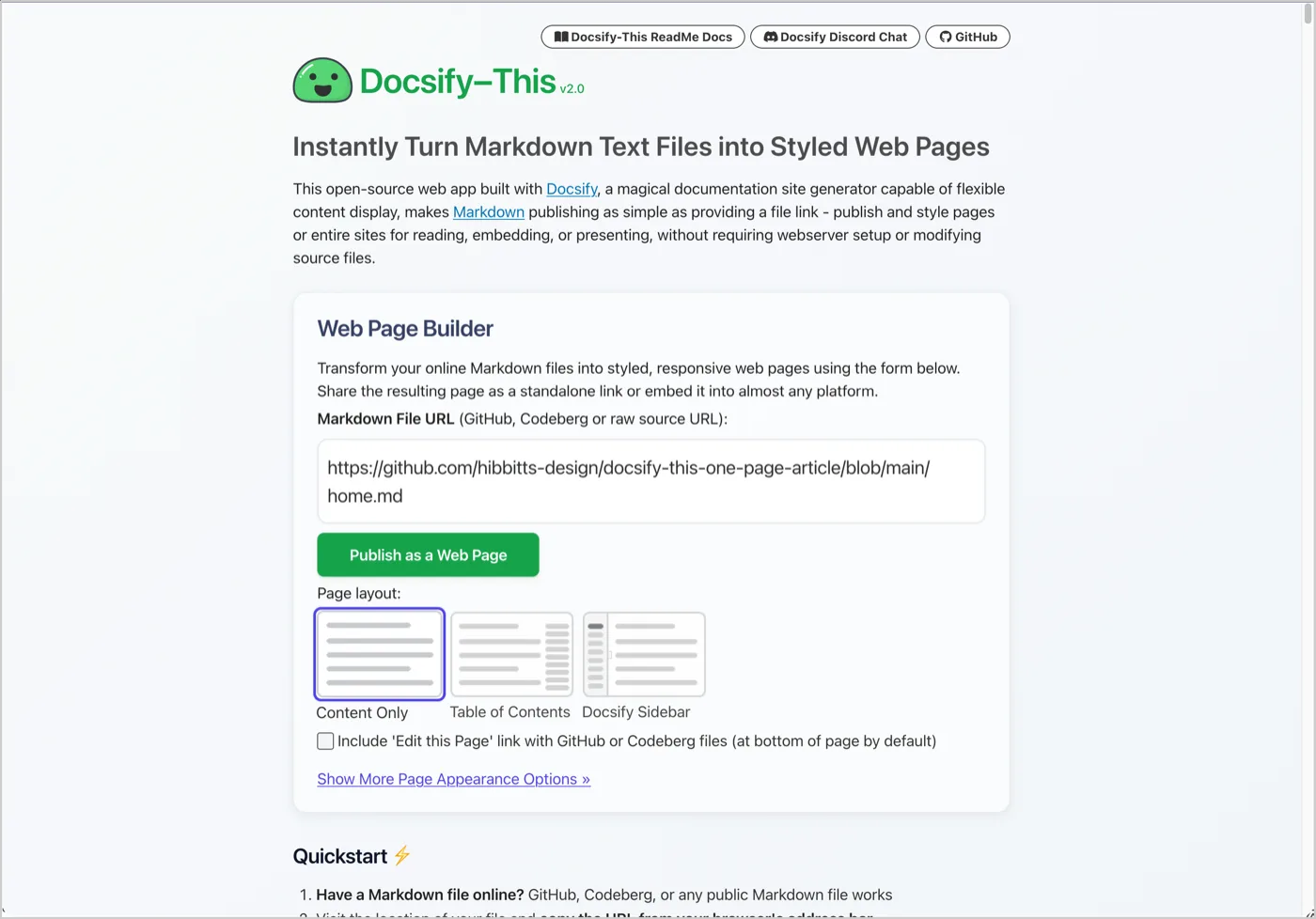 Docsify-This Web Page Builder, showing a Markdown file URL field, a green Publish as a Web Page button, and page layout options