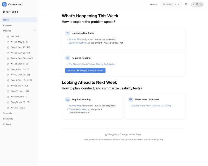 Screenshot of a Grav Helios Course Hub course home page, showing upcoming due dates and required reading