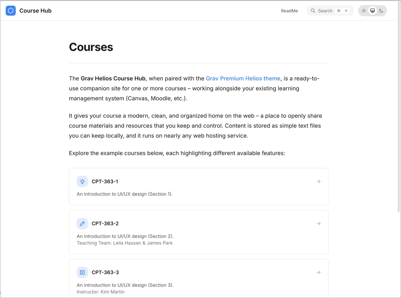 Grav Helios Course Hub courses listing, showing example course cards with icons, instructor names, and status badges
