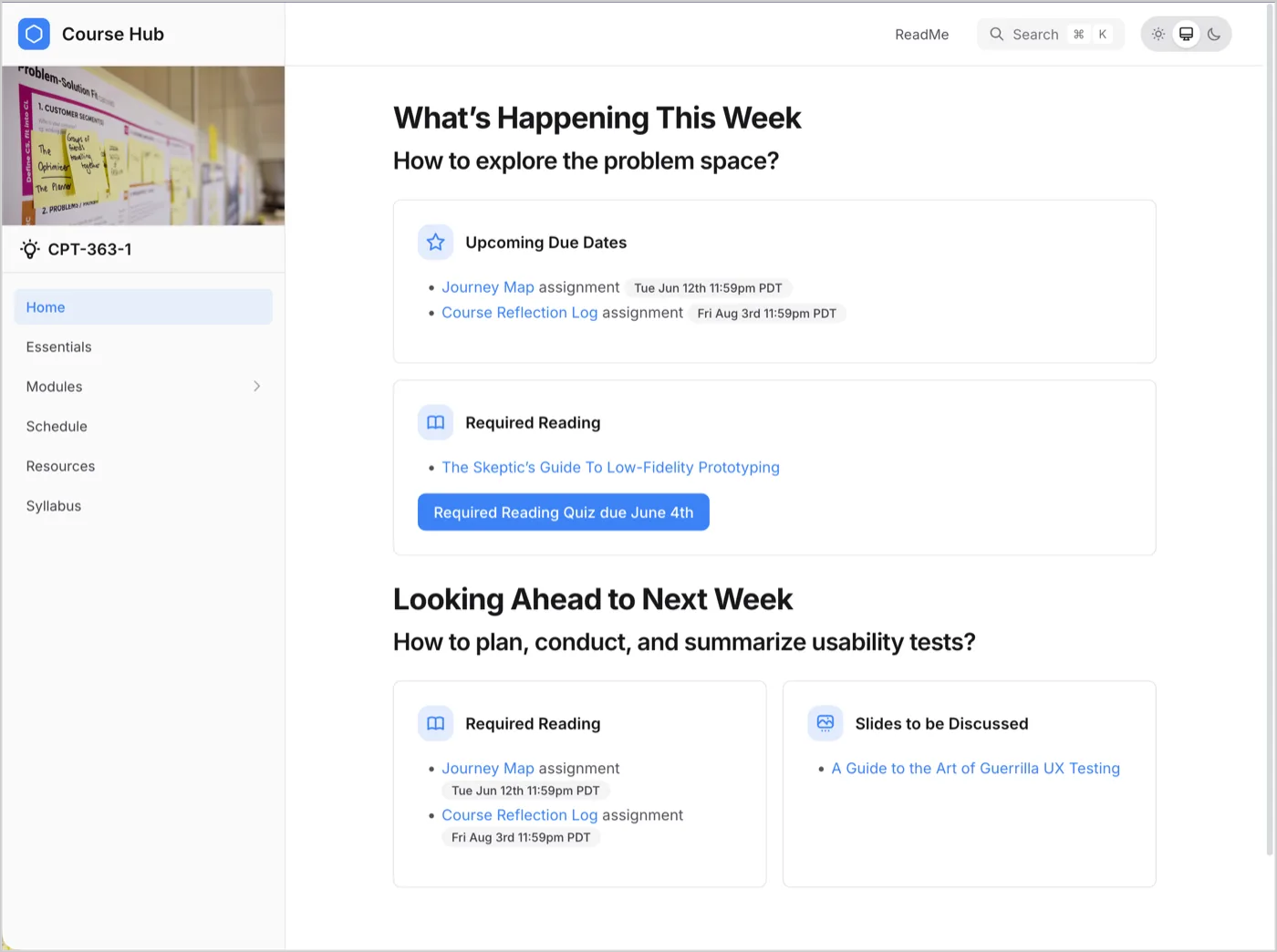 Grav Helios Course Hub weekly overview page, showing upcoming due dates and required reading for the current week