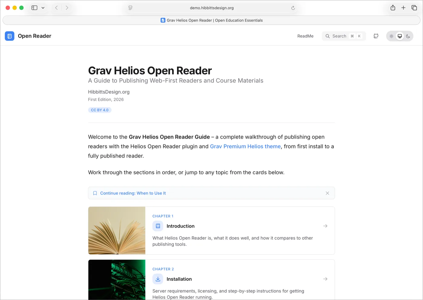 Grav Helios Open Reader home page, showing chapter cards with cover images for a published guide