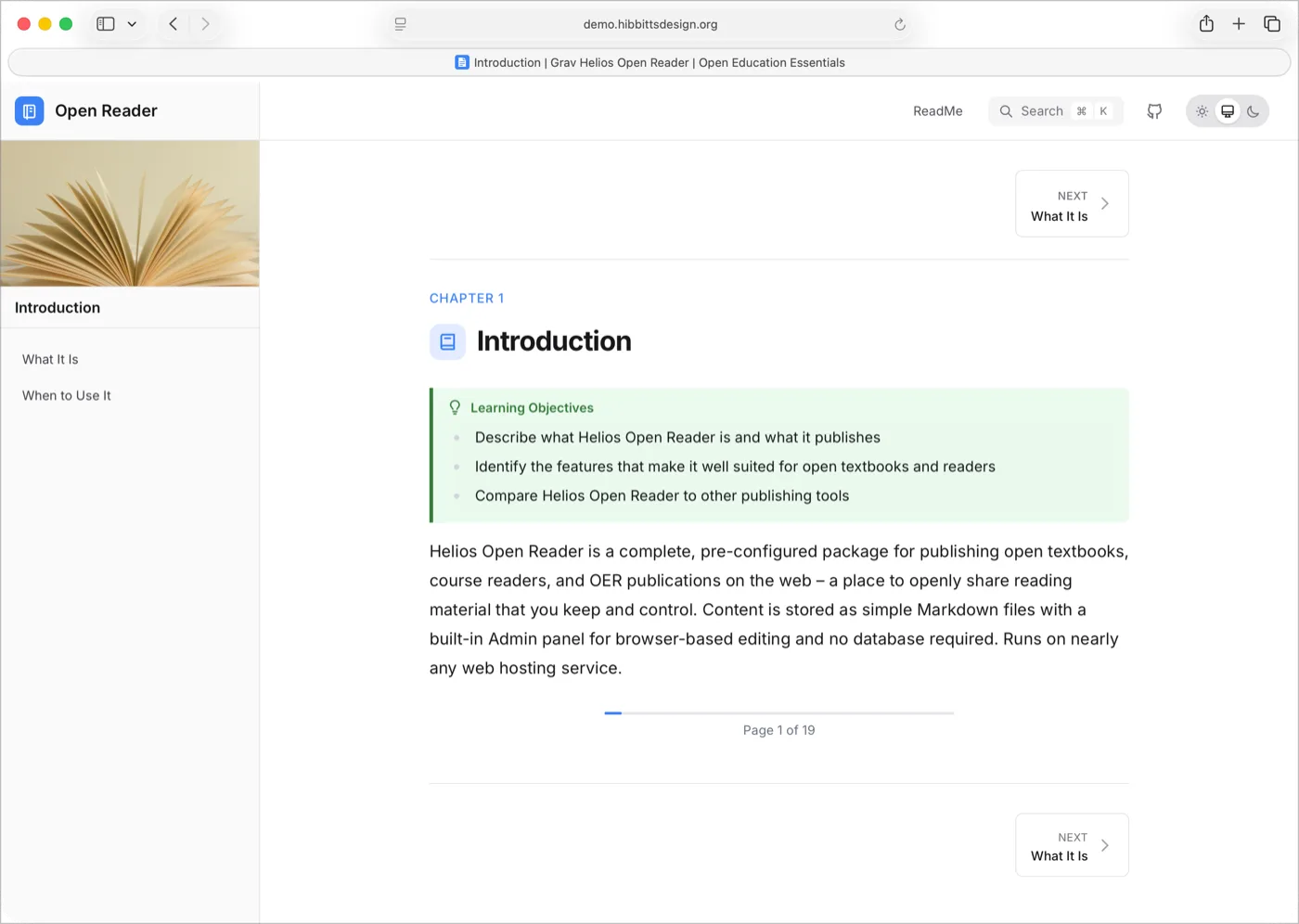 Grav Helios Open Reader section page, showing a chapter introduction with a Learning Objectives callout block