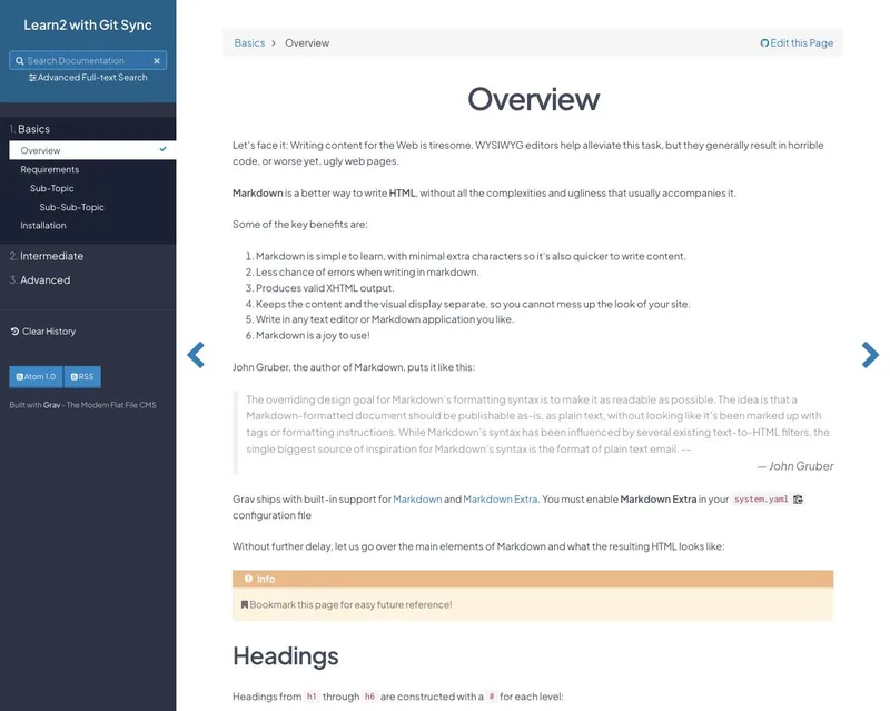 Screenshot of a Grav Learn2 with Git Sync documentation page, showing a dark sidebar with chapter navigation next to article content