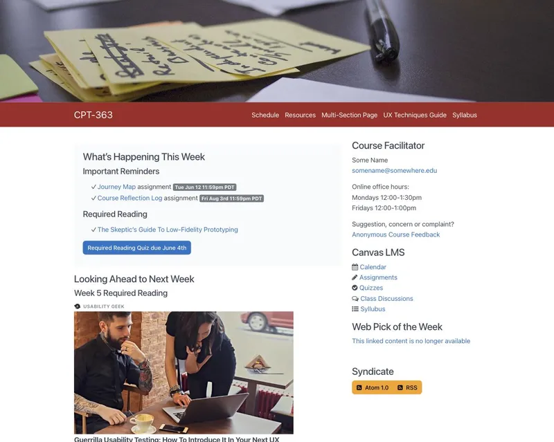 Screenshot of the Grav Open Course Hub home page, showing a hero photo, course navigation, and upcoming due dates