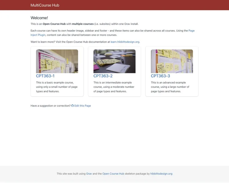 Screenshot of the Grav Open MultiCourse Hub welcome page, showing a course-selection layer with three example courses