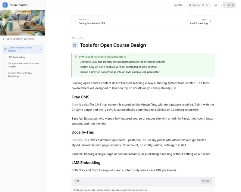 Screenshot of a Grav Helios Open Reader page, showing a section overview with a callout box and sidebar table of contents